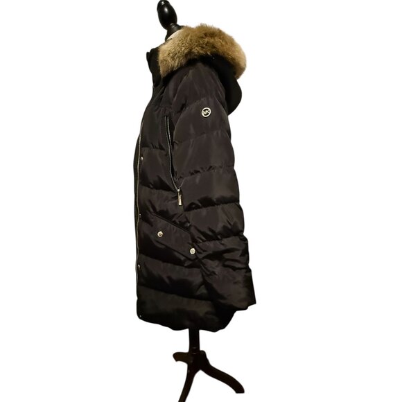 Michael Kors Puffer Coat Hooded Faux Fur Trim Down Black Size Large - Picture 3 of 16